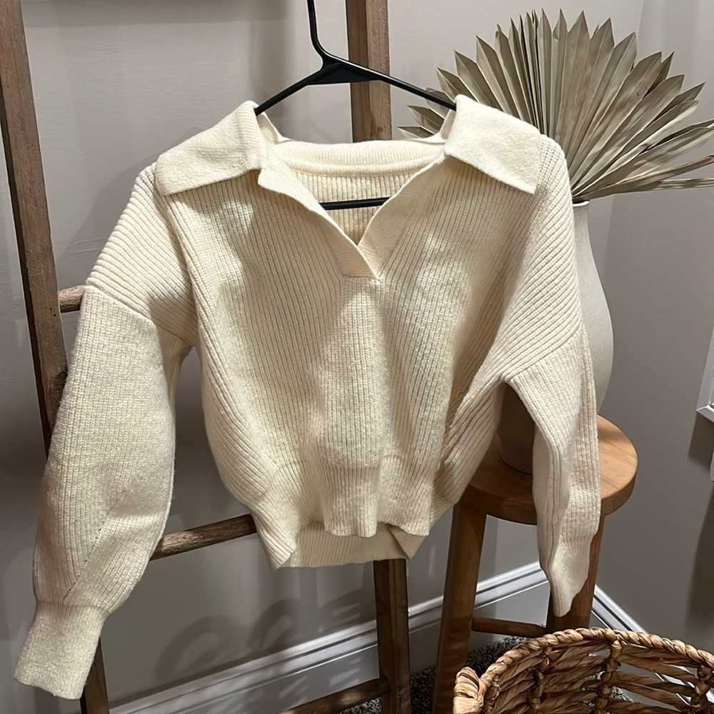 Cream Ribbed Polo Sweater